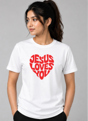 Woman wearing white t-shirt with red Jesus Loves You heart typography design